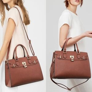 Dasein Elegant Brown Vegan Leather Classic Padlock (Birkin Style) Handbag